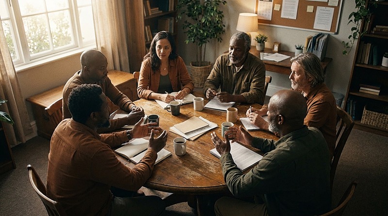 Board members gathered around a table in discussion — Grassroots Governance course