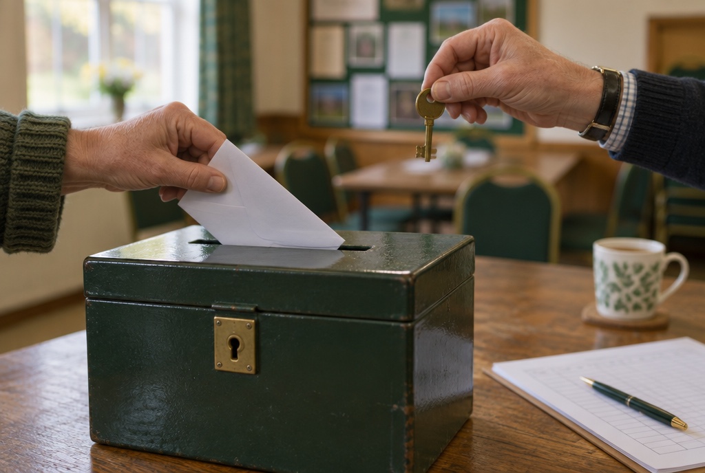 One person's hand slides a sealed envelope into a locked drop-box while a second person's hand holds the key — Protect the Money, Protect the People