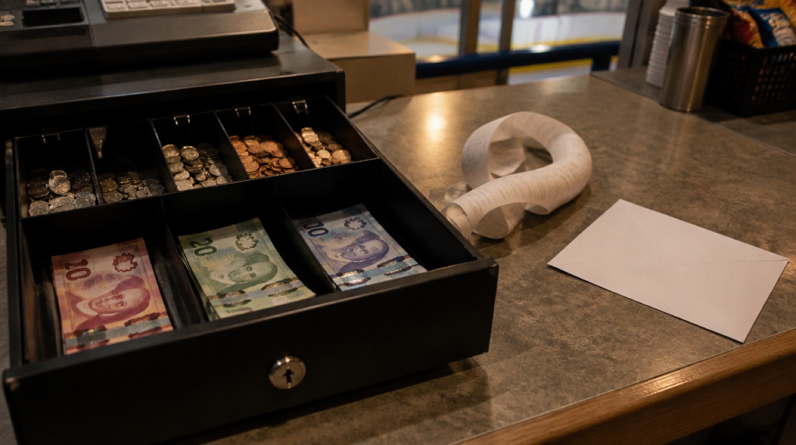 An open cash register drawer with banknotes and coins, a curl of register tape and a plain envelope beside it